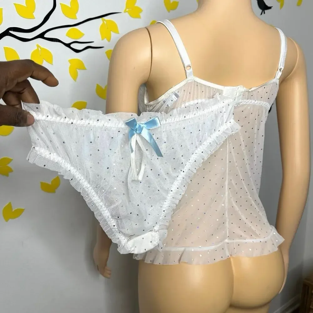 Escante Lover’s Lane Women’s Lingerie Sequin Cami‎ Set Blue Ribbon Size 1x White - Picture 9 of 12